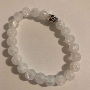 Handmade Crackled White Quartz Stretch Bracelet with Silver Skull Accent –Unisex
